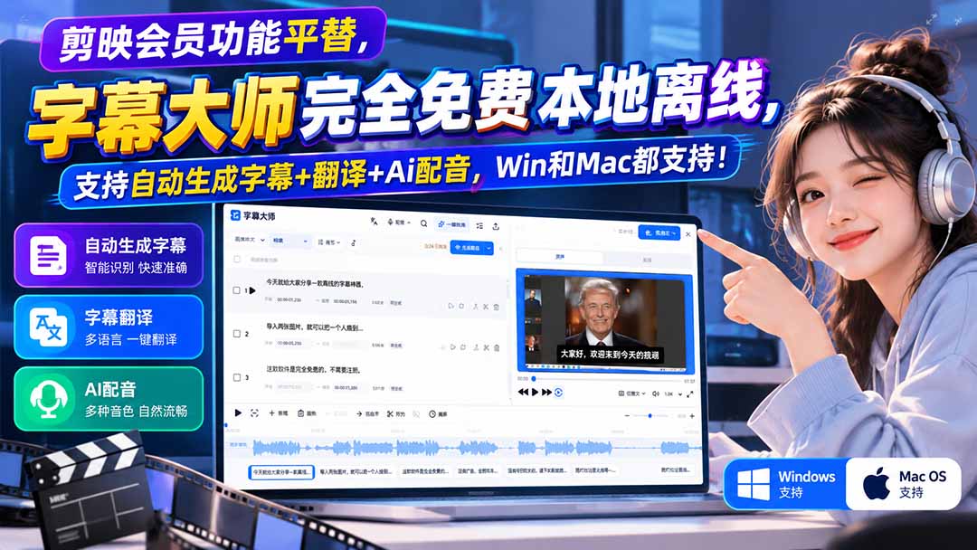 （20902期）剪映会员功能平替，字幕大师完全免费本地离线，支持自动生成字幕+翻译+Ai配音，Win和Mac都支持！-九节课
