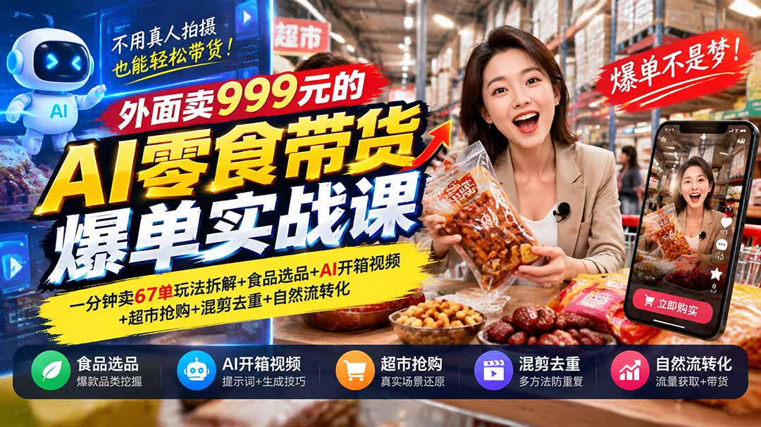 （20994期）外面卖999元的AI零食带货爆单实战课｜一分钟卖67单玩法拆解+食品选品+AI开箱视频+超市抢购+混剪去重+自然流转化-九节课