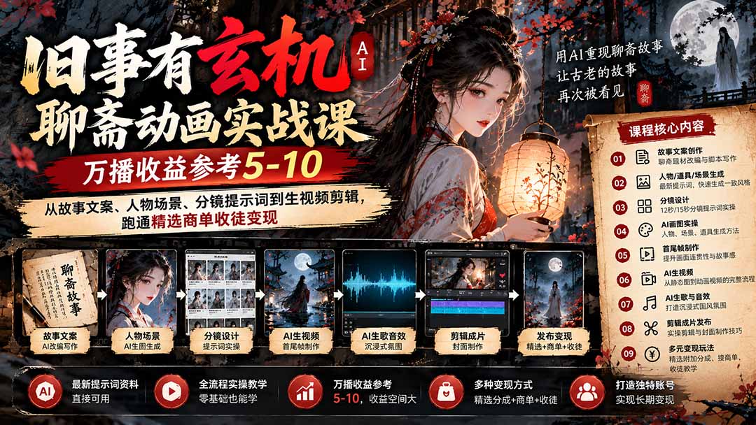 （20789期）旧事有玄机AI聊斋动画实战9月新课：万播收益参考5-10，从故事文案、人物场景到分镜生视频，跑通精选商单收徒-九节课