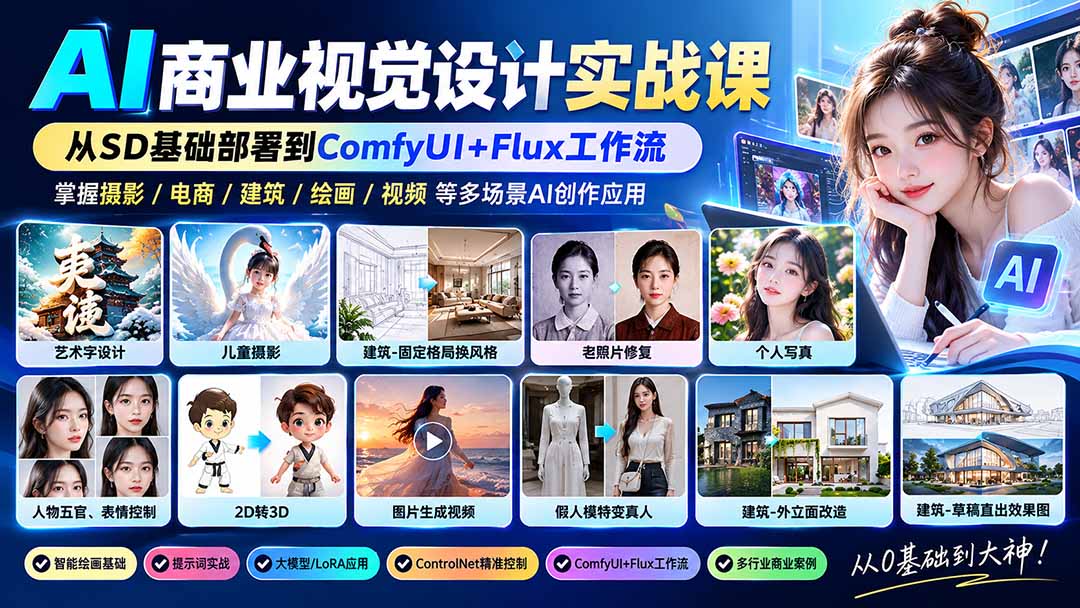 （20824期）【无水印】AI商业视觉设计实战课：从SD基础部署到ComfyUI+Flux工作流，掌握摄影电商建筑AI创作-九节课