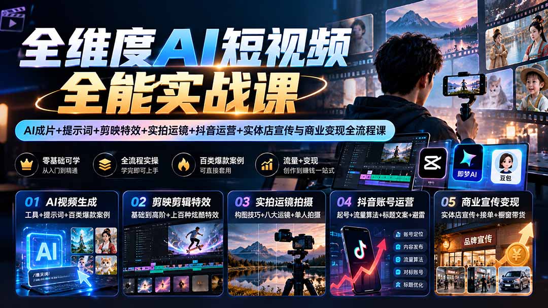 （20768期）【无水印】全维度AI短视频全能实战课：AI成片+提示词+剪映特效+实拍运镜+抖音运营+实体店宣传与商业变现全流程课-九节课