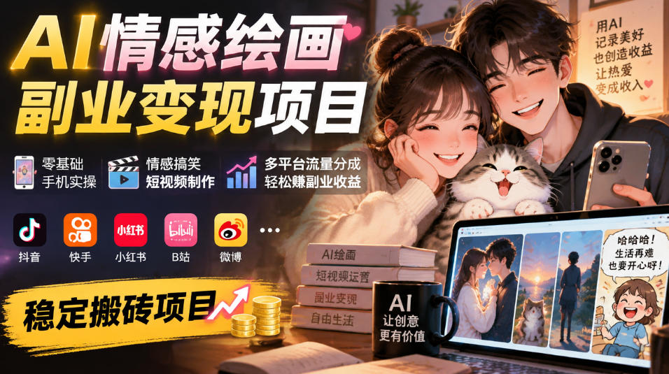 AI情感绘画副业变现项目｜零基础手机实操，情感搞笑短视频制作，多平台流量分成轻松賺副业收益-九节课