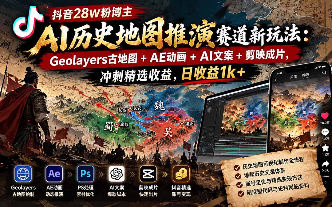 （20809期）抖音28W粉博主AI历史地图推演赛道新玩法：Geolayers古地图+AE动画+AI文案+剪映成片，冲刺精选收益，日收益1k+-九节课