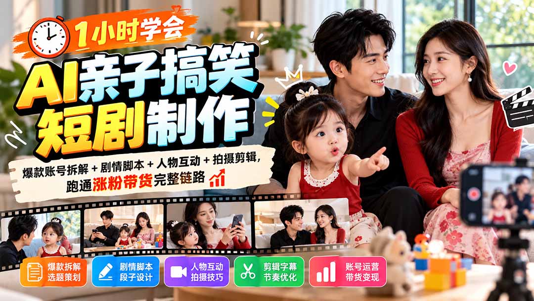 （20807期）1小时学会AI亲子搞笑短剧制作：爆款账号拆解+剧情脚本+人物互动+拍摄剪辑，跑通涨粉带货完整链路-九节课