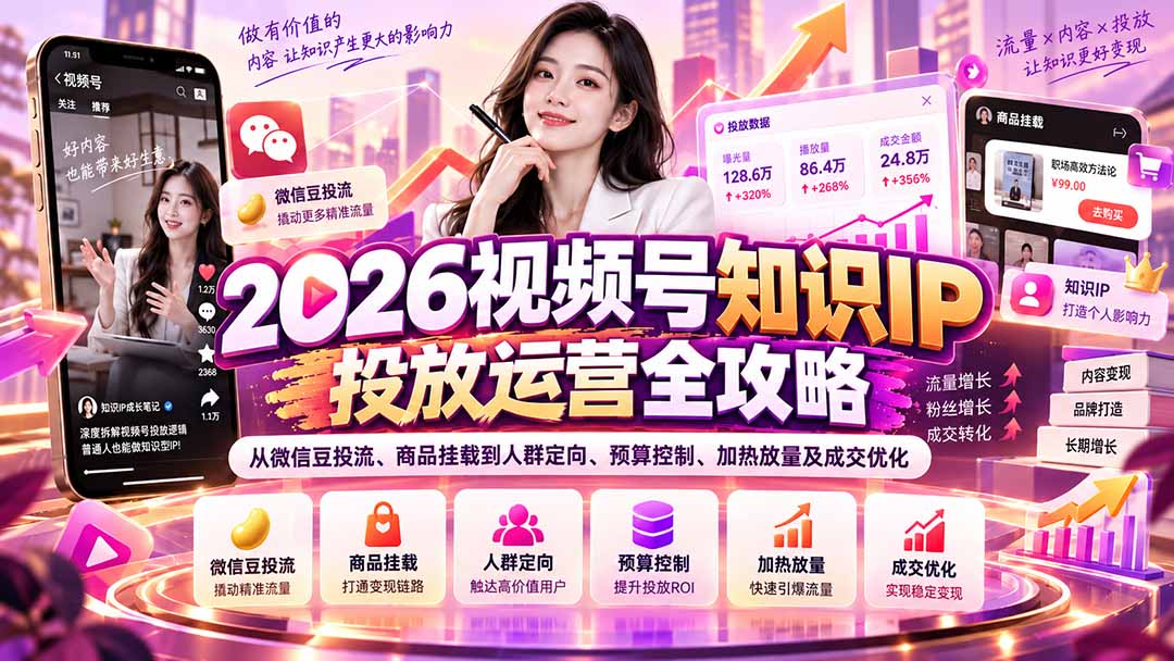 （20860期）2026视频号知识IP投放运营全攻略：从微信豆投流、商品挂载到人群定向、预算控制、加热放量及成交优化-九节课