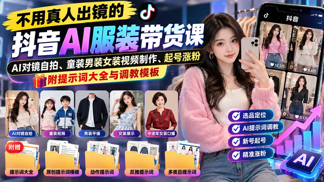 （20960期）不用真人出镜的抖音AI服装带货课：AI对镜自拍、童装男装女装视频制作、起号涨粉，附提示词大全与调教模板-九节课