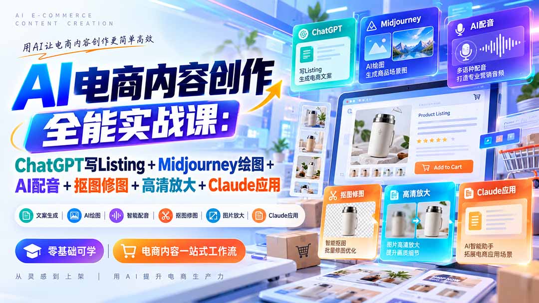 （20770期）【无水印】AI电商内容创作全能实战课：ChatGPT写Listing+Midjourney绘图+AI配音+抠图修图+高清放大+Claude应用-九节课