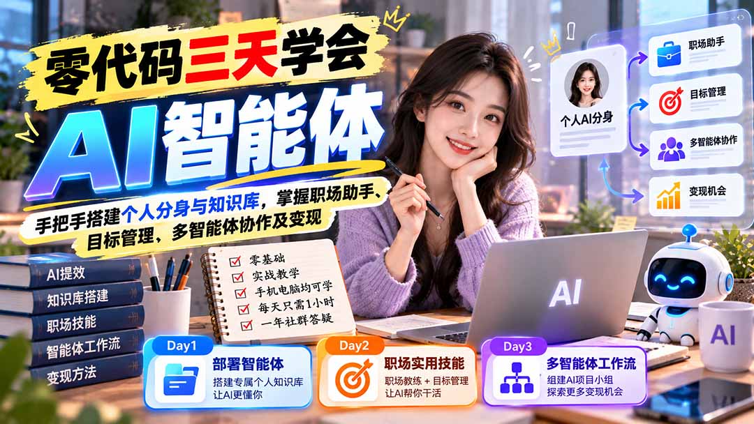 （20978期）【无水印】零代码三天学会AI智能体：手把手搭建个人分身与知识库，掌握职场助手、目标管理、多智能体协作及变现-九节课
