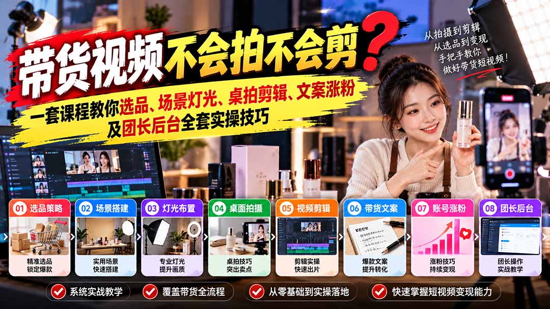 （20980期）带货视频不会拍不会剪？一套课程教你选品、场景灯光、桌拍剪辑、文案涨粉及团长后台全套实操技巧  复制标题-九节课