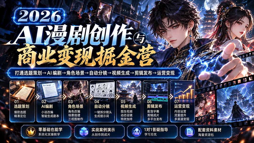（20906期）【无水印】2026AI漫剧创作与商业变现掘金营：打通选题→AI编剧→角色场景→自动分镜→视频生成→剪辑发布→运营变现-九节课