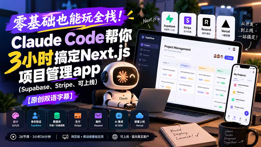 （20907期）零基础也能玩全栈！Claude Code帮你3小时搞定Next.js项目管理app（Supabase、Stripe、可上线）【原创双语字幕】-九节课