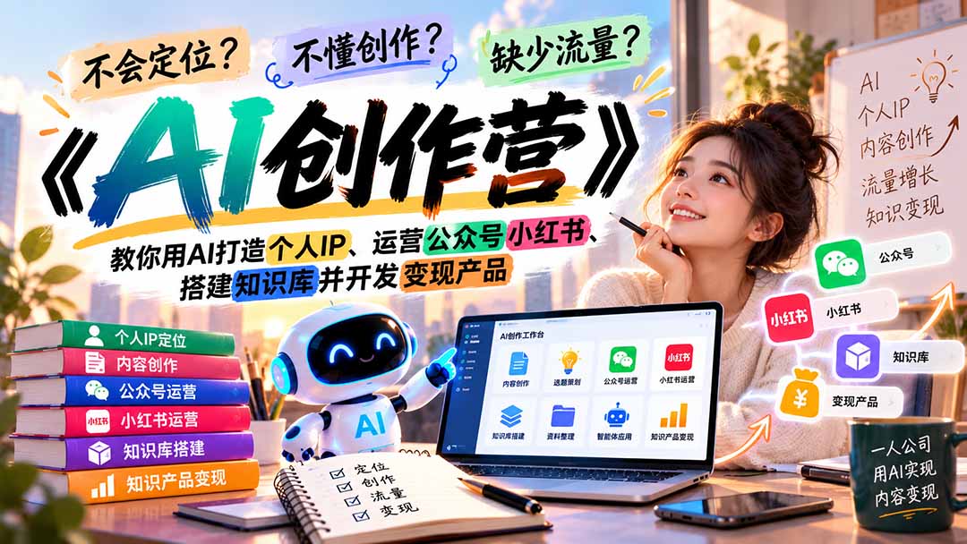 （21088期）不会定位、不懂创作、缺少流量？《AI创作营》教你用AI打造个人IP、运营公众号小红书、搭建知识库并开发变现产品-九节课
