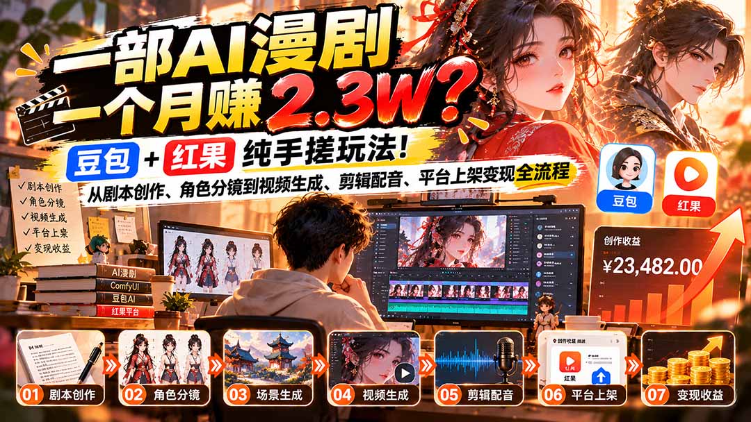 （21089期）一部AI漫剧一个月赚2.3W？豆包+红果纯手搓玩法！从剧本创作、角色分镜到视频生成、剪辑配音、平台上架变现全流程-九节课