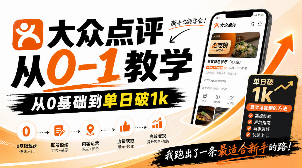 大众点评分成从0-1教学，从0基础到单日破1k，我跑出了一条最适合新手的路-九节课