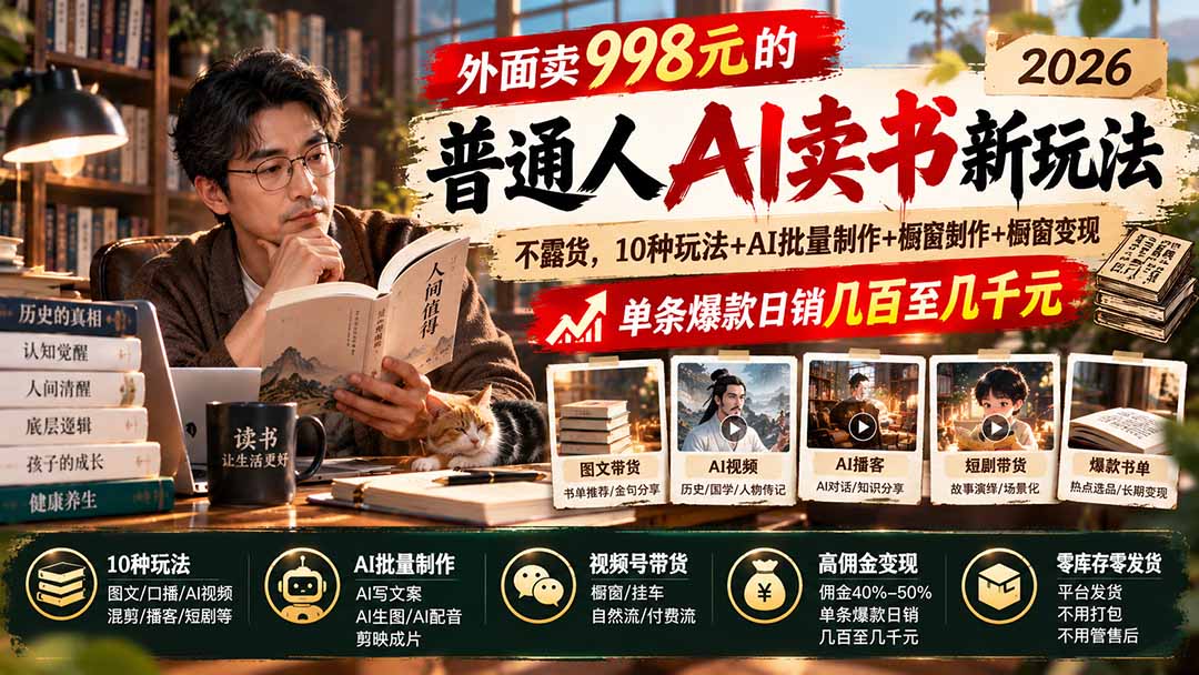 （20909期）外面卖998元的2026普通人AI卖书新玩法：不露脸、不囤货，10种玩法+AI批量制作+橱窗变现，单条爆款日销几百至几千元-九节课