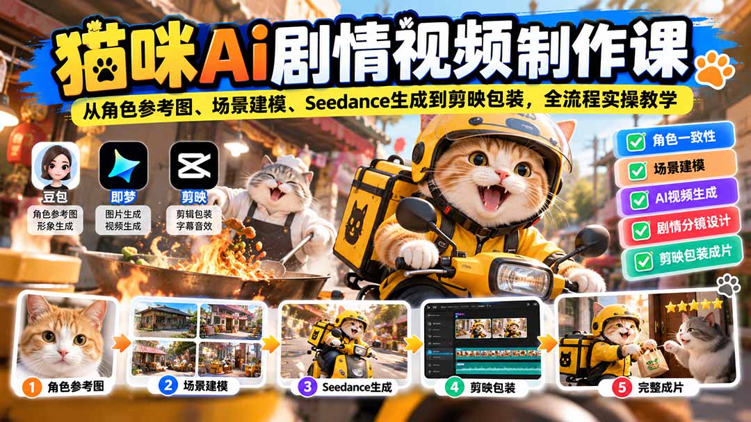 （20793期）猫咪AI剧情视频制作课：从角色参考图、场景建模、Seedance生成到剪映包装，全流程实操教学-九节课