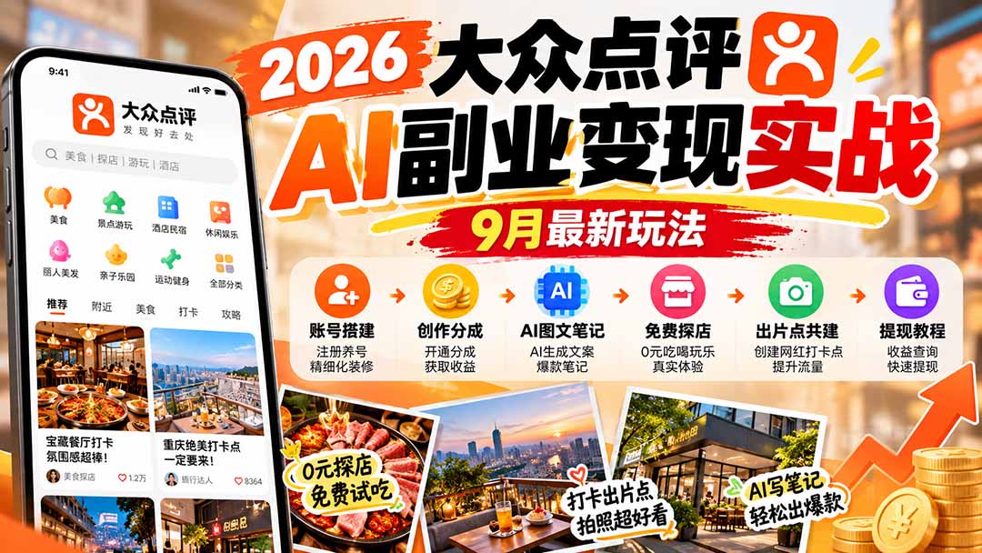 （20873期）2026大众点评AI副业变现实战9月最新玩法：账号搭建+创作分成+AI图文笔记+免费探店+出片点共建与提现教程-九节课