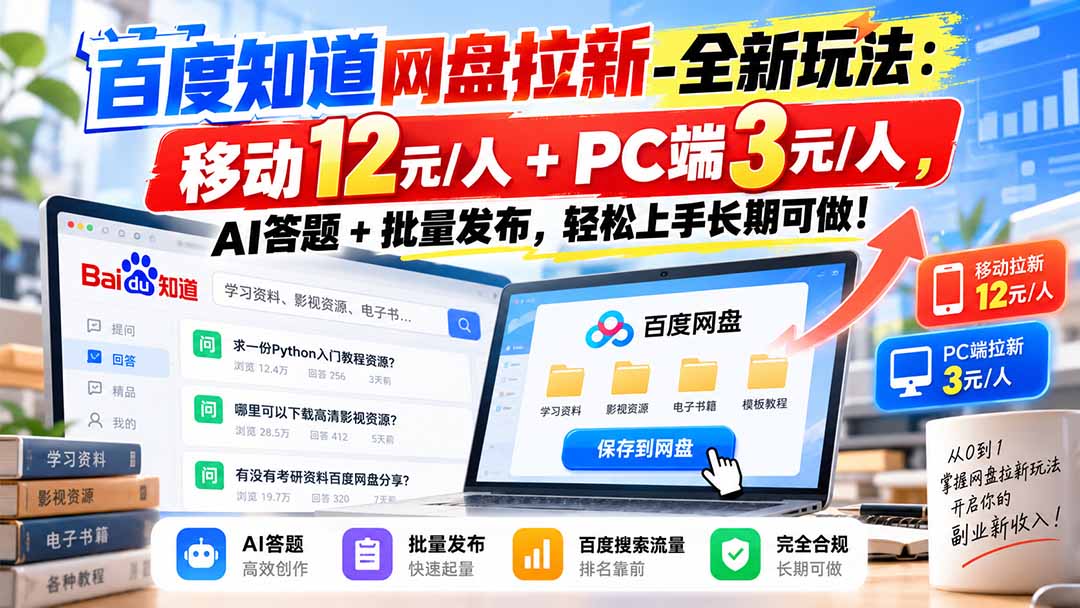 （20794期）百度知道网盘拉新-全新玩法：移动12元/人+PC端3元/人，AI答题+批量发布，轻松上手长期可做！-九节课