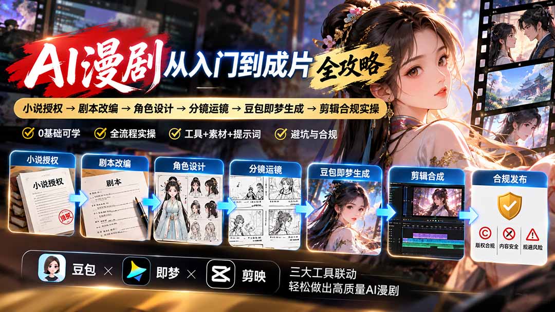 （20877期）AI漫剧从入门到成片全攻略：小说授权→剧本改编→角色设计→分镜运镜→豆包即梦生成→剪辑合规实操-九节课