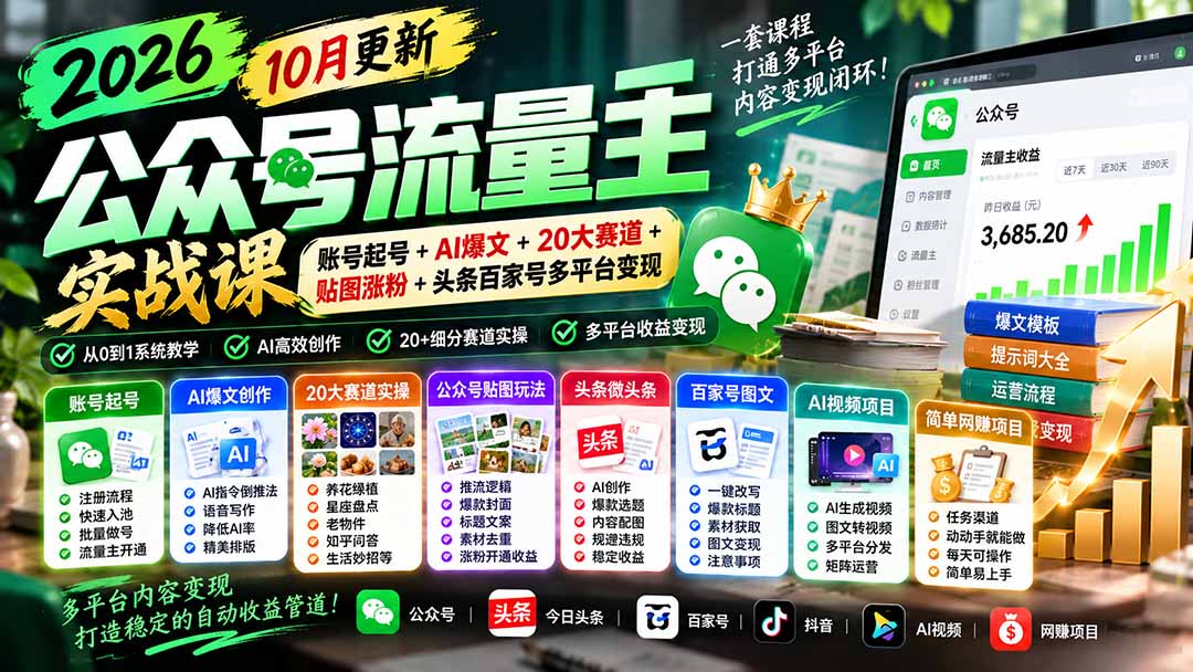 （20878期）2026公众号流量主实战课-10月更新：账号起号+AI爆文+20大赛道+贴图涨粉+头条百家号多平台变现-九节课