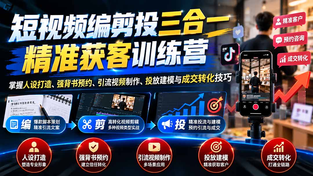 （20910期）短视频编剪投三合一精准获客训练营：掌握人设打造、强背书预约、引流视频制作、投放建模与成交转化技巧-九节课