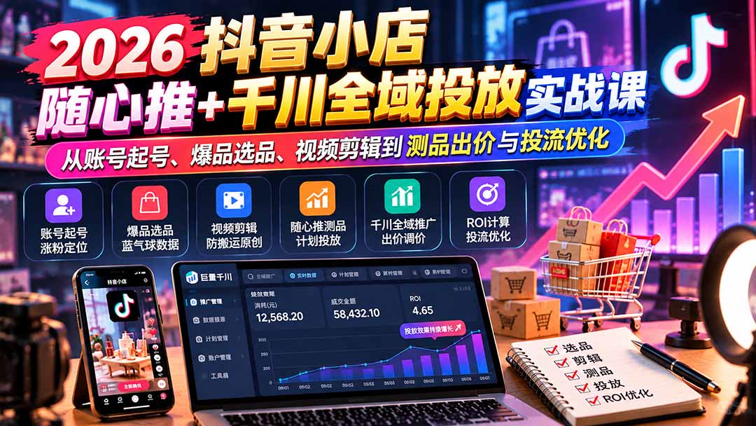 （20998期）2026抖音小店随心推+千川全域投放实战课：从账号起号、爆品选品、视频剪辑到测品出价与投流优化-九节课