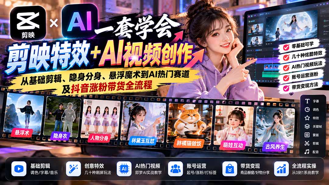 （20999期）一套学会剪映特效+AI视频创作：从基础剪辑、隐身分身、悬浮魔术到AI热门赛道及抖音涨粉带货全流程-九节课