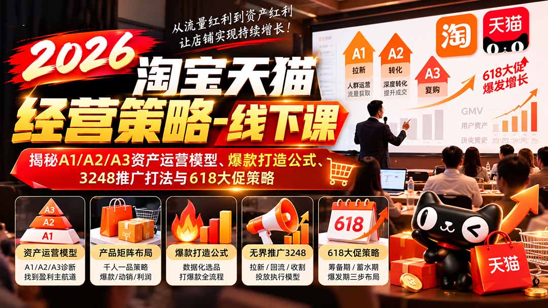 （20912期）2026淘宝天猫经营策略-线下课：揭秘A1/A2/A3资产运营模型、爆款打造公式、3248推广打法与618大促策略-九节课