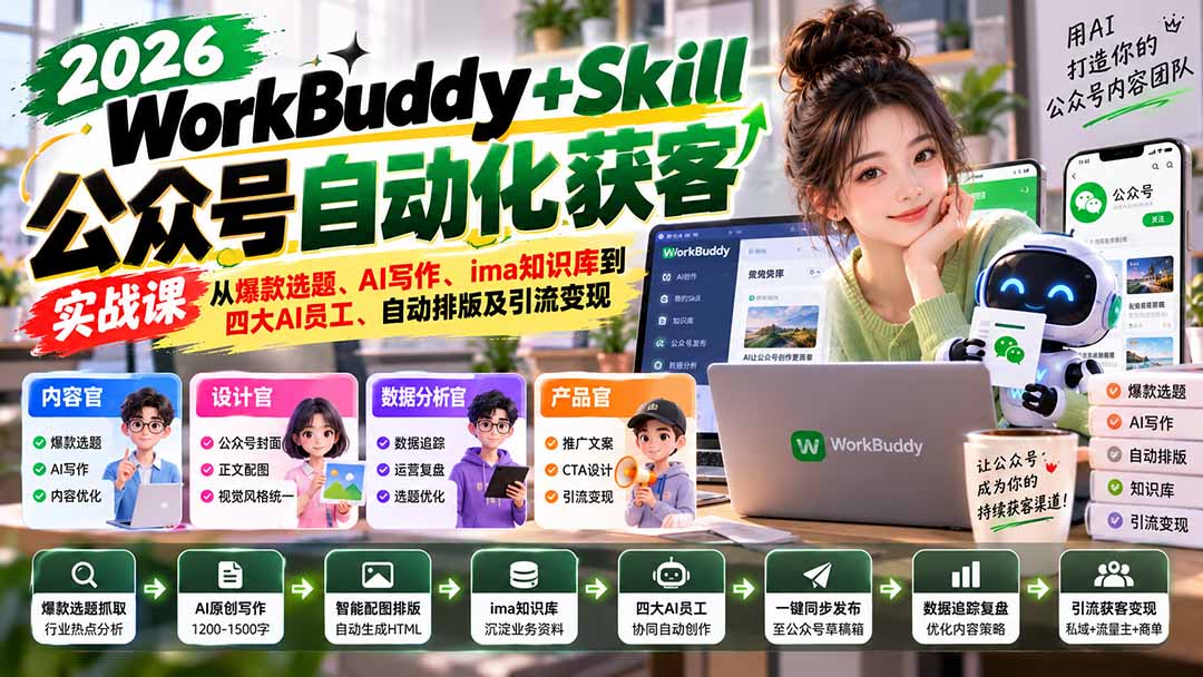 （21023期）WorkBuddy + Skill公众号自动化获客实战课：从爆款选题、AI写作、ima知识库到四大AI员工、自动排版及引流变现-九节课