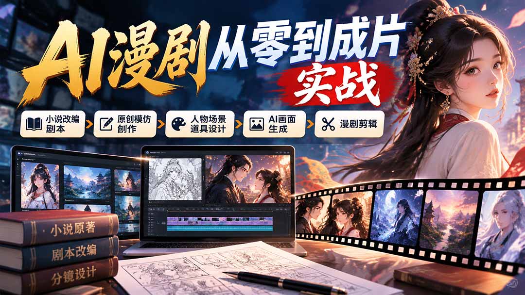 （21069期）AI漫剧从零到成片实战：小说改编剧本、原创模仿创作、人物场景道具设计、AI画面生成与漫剧剪辑-九节课