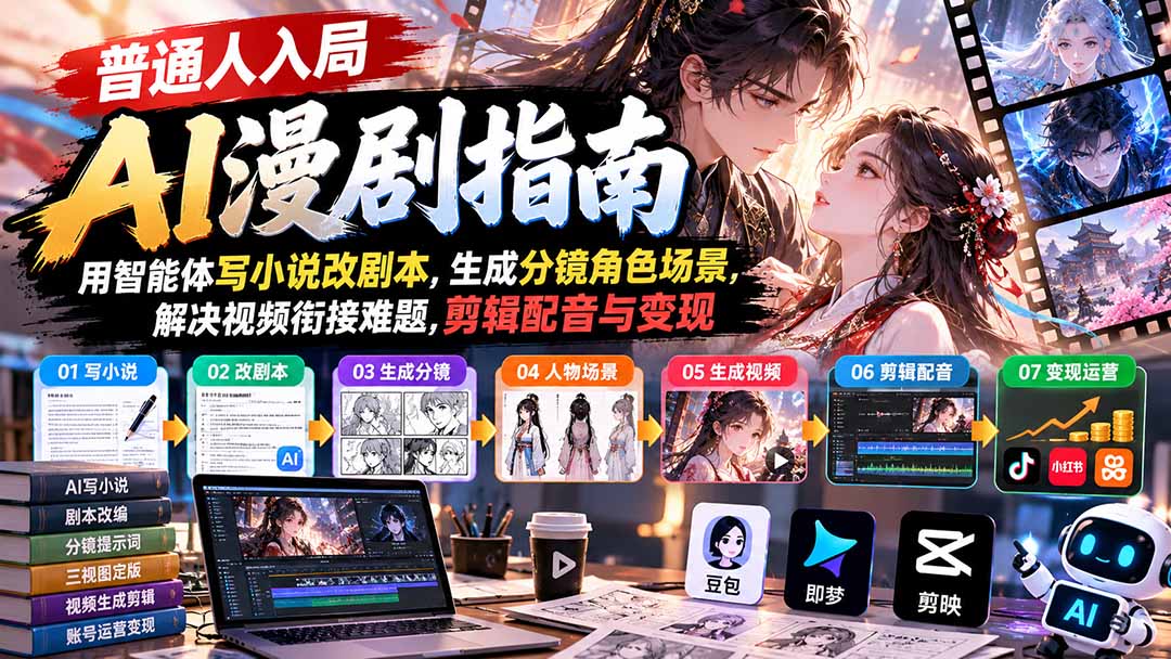 （21033期）【无水印】普通人入局AI漫剧指南：用智能体写小说改剧本，生成分镜角色场景，解决视频衔接难题，剪辑配音与变现-九节课