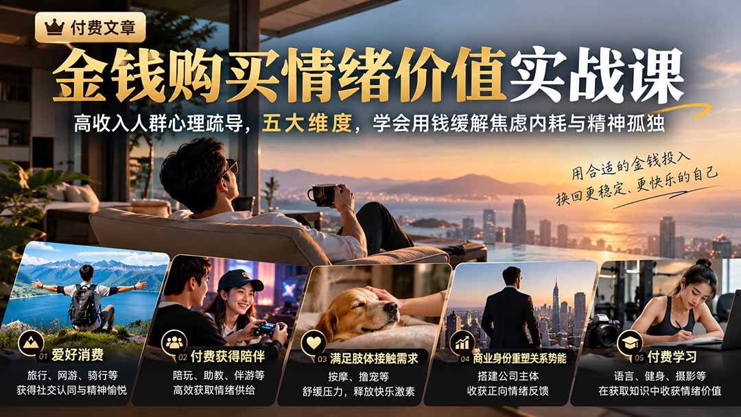 （20941期）付费文章：金钱购买情绪价值实战课｜高收入人群心理疏导，五大维度，学会用钱缓解焦虑内耗与精神孤独-九节课