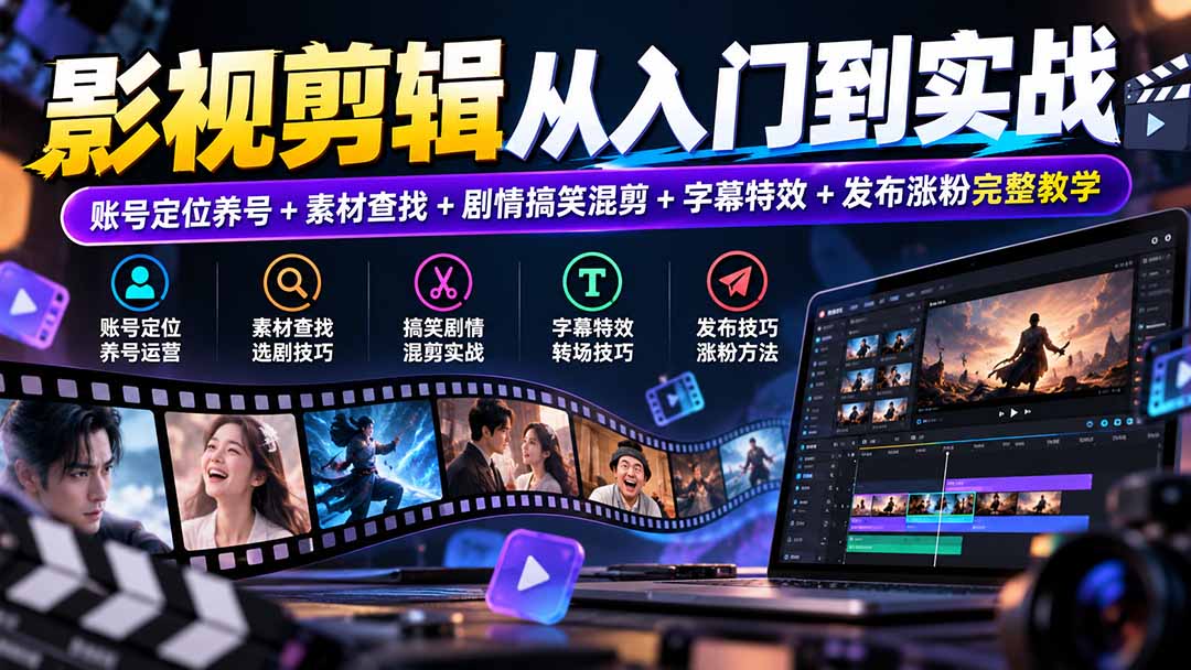 （20812期）影视剪辑从入门到实战：账号定位养号+素材查找+剧情搞笑混剪+字幕特效+发布涨粉完整教学-九节课