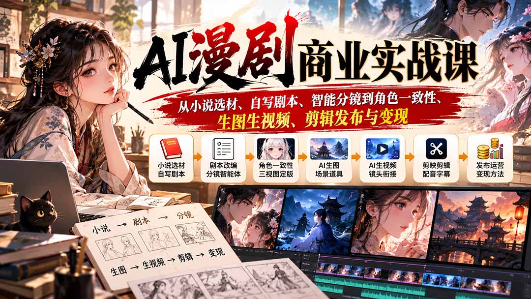 （20811期）AI漫剧商业实战课：从小说选材、自写剧本、智能分镜到角色一致性、生图生视频、剪辑发布与变现-九节课
