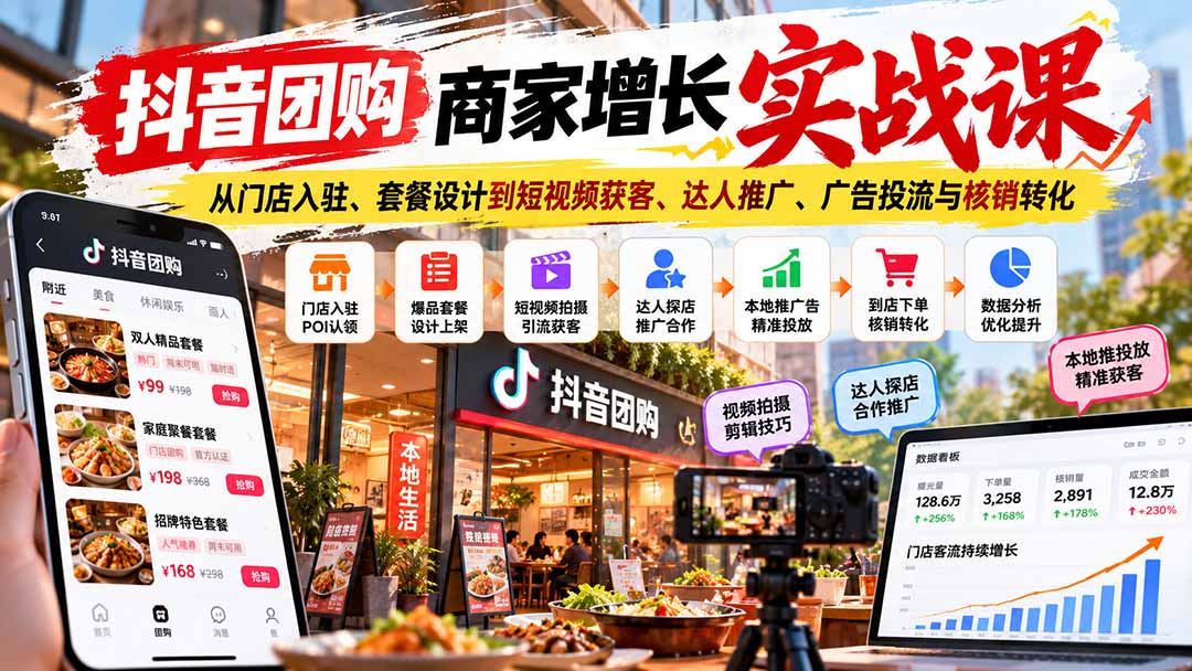 （20813期）抖音团购商家增长实战课：从门店入驻、套餐设计到短视频获客、达人推广、广告投流与核销转化-九节课