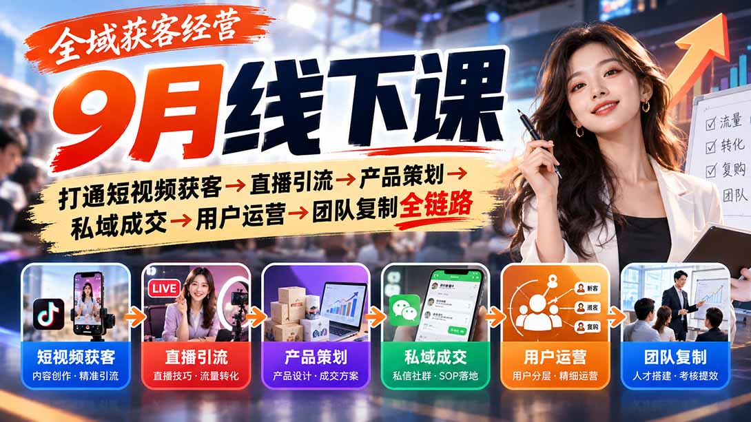 （20777期）全域获客经营9月线下课：打通短视频获客→直播引流→产品策划→私域成交→用户运营→团队复制全链路-九节课