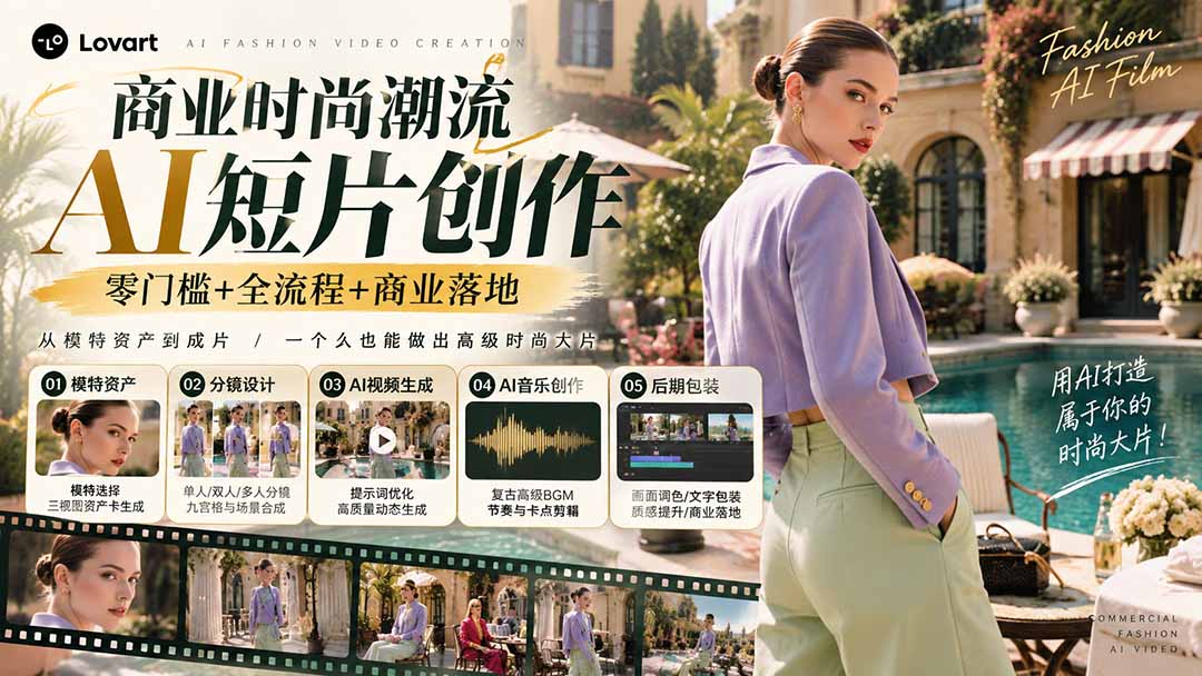 （21000期）从一张模特图到高级时尚广告大片：AI三视图资产、场景合成、电影分镜、动态生成与复古音乐剪辑实战课-九节课