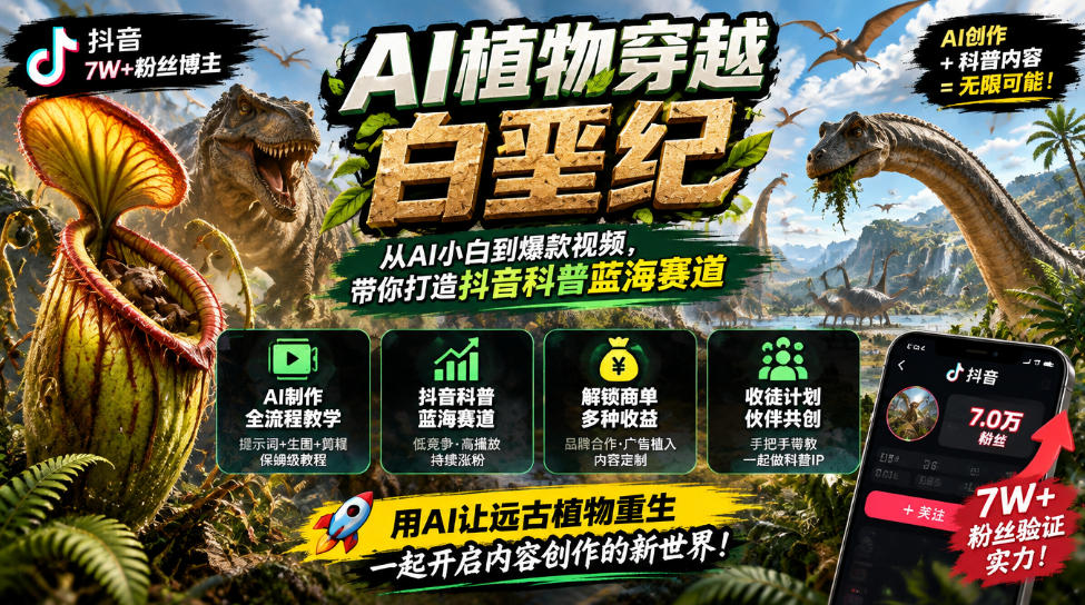 抖音7W粉丝博主的AI植物穿越白垩纪教学，抖音科普蓝海赛道，解锁商单收徒伙伴计划等多种收益-九节课