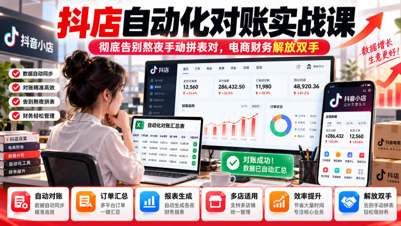 抖店自动化对账实战课，彻底告别熬夜手动拼表对，账电商财务解放双手-九节课