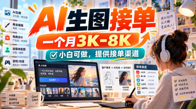 AI生图接单，一个月3K-8K，小白可做，提供接单渠道-九节课