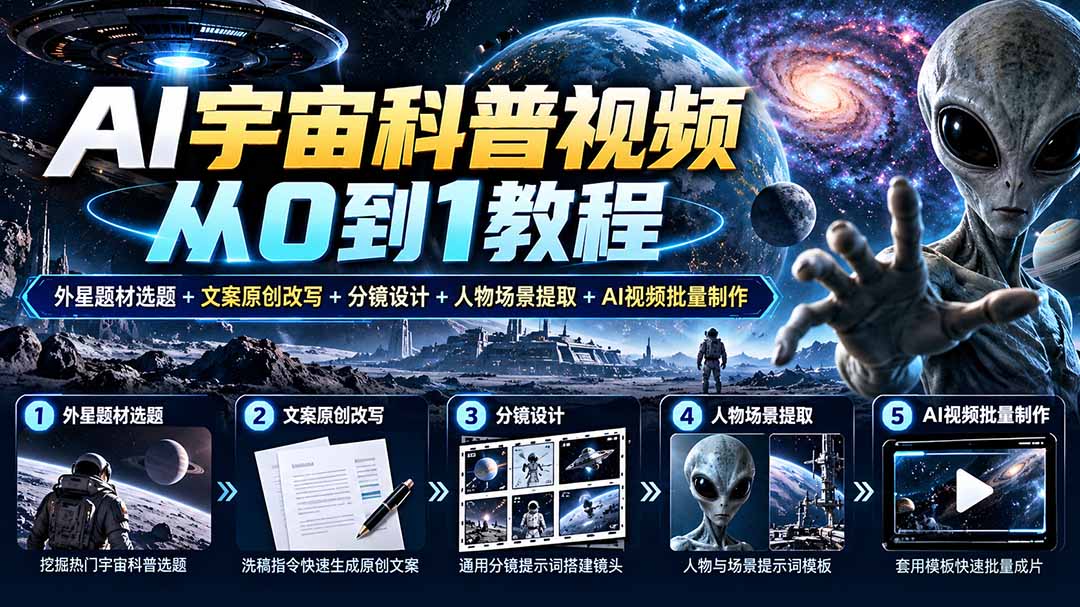 （20774期）AI宇宙科普视频从0到1教程｜外星题材选题+文案原创改写+分镜设计+人物场景提取+AI视频批量制作-九节课