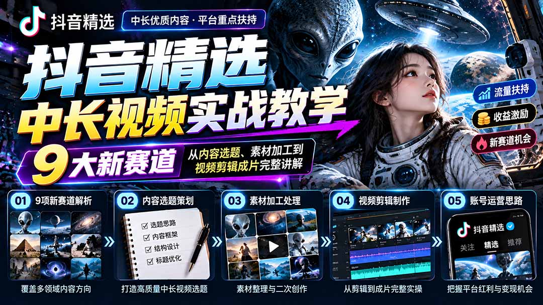 （20775期）抖音精选中长视频实战教学：拆解9项细分赛道，从内容选题、素材加工到视频剪辑成片完整讲解-九节课