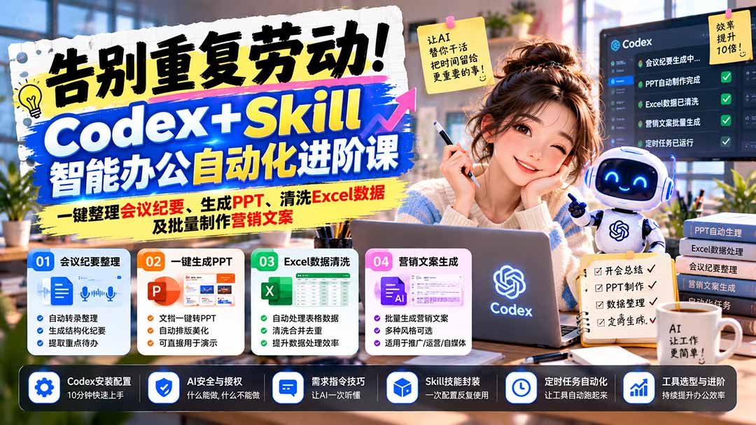 （21001期）告别重复劳动！Codex+Skill智能办公自动化进阶课：一键整理会议纪要、生成PPT、清洗Excel数据及批量制作营销文案-九节课