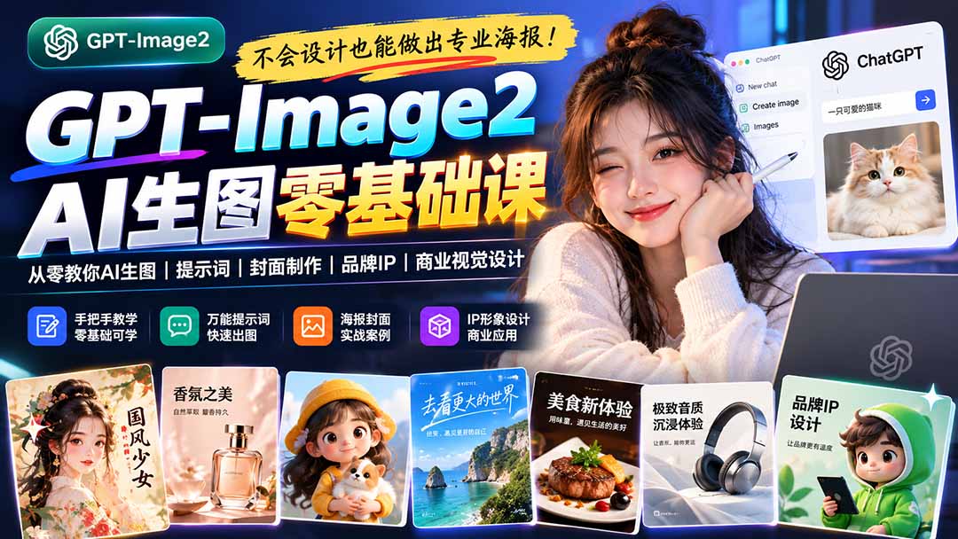 （20944期）不会设计也能做出专业海报！GPT-Image2从零教你AI生图、提示词、封面制作、品牌IP与商业视觉设计-九节课
