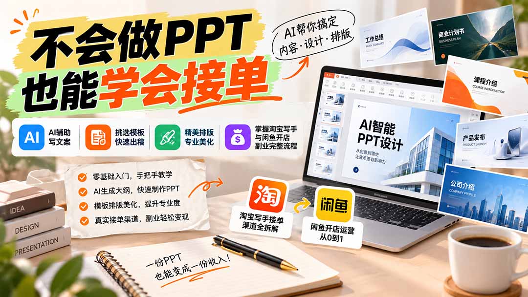 （20945期）不会做PPT也能学会接单：AI辅助写文案、挑模板、做排版，掌握淘宝写手与闲鱼开店副业完整流程-九节课