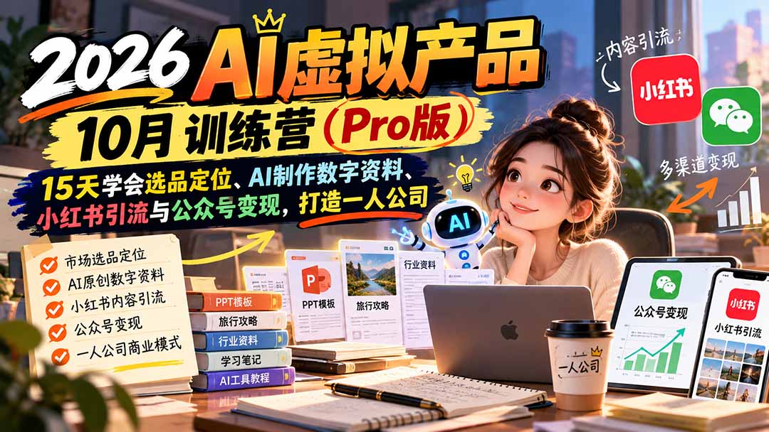 （21054期）2026AI虚拟产品10月训练营（Pro版）：15天学会选品定位、AI制作数字资料、小红书引流与公众号变现，打造一人公司-九节课