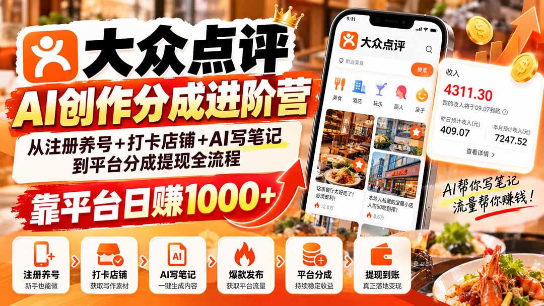 （20759期）大众点评AI创作分成进阶营：从注册养号+打卡店铺+AI写笔记到平台分成提现全流程，靠平台日赚1000+-九节课