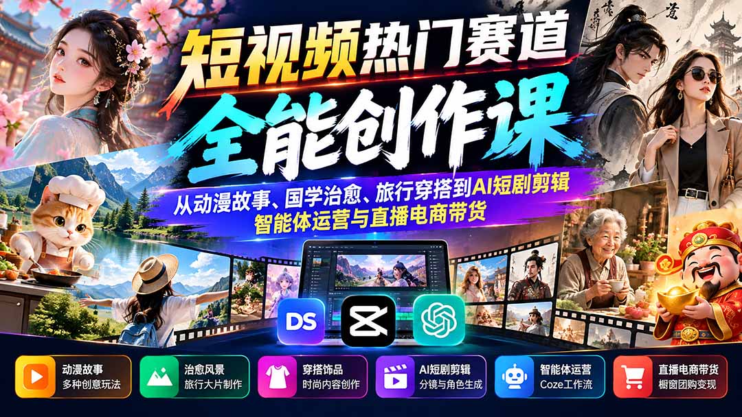 （20956期）短视频热门赛道全能创作课：从动漫故事、国学治愈、旅行穿搭到AI短剧剪辑、智能体运营与直播电商带货-九节课