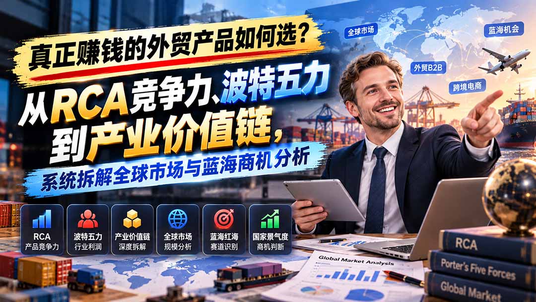 （20932期）真正赚钱的外贸B2B产品如何选？从RCA竞争力、波特五力到产业价值链，系统拆解全球市场与蓝海商机分析-九节课