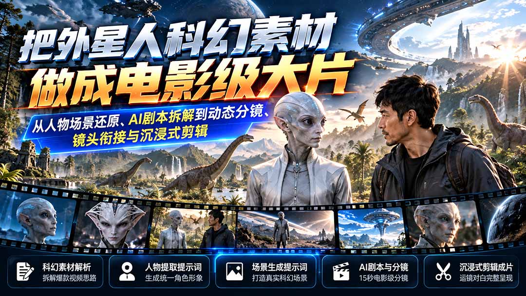 （20946期）把外星人科幻素材做成电影级大片：从人物场景还原、AI剧本拆解到动态分镜、镜头衔接与沉浸式剪辑-九节课